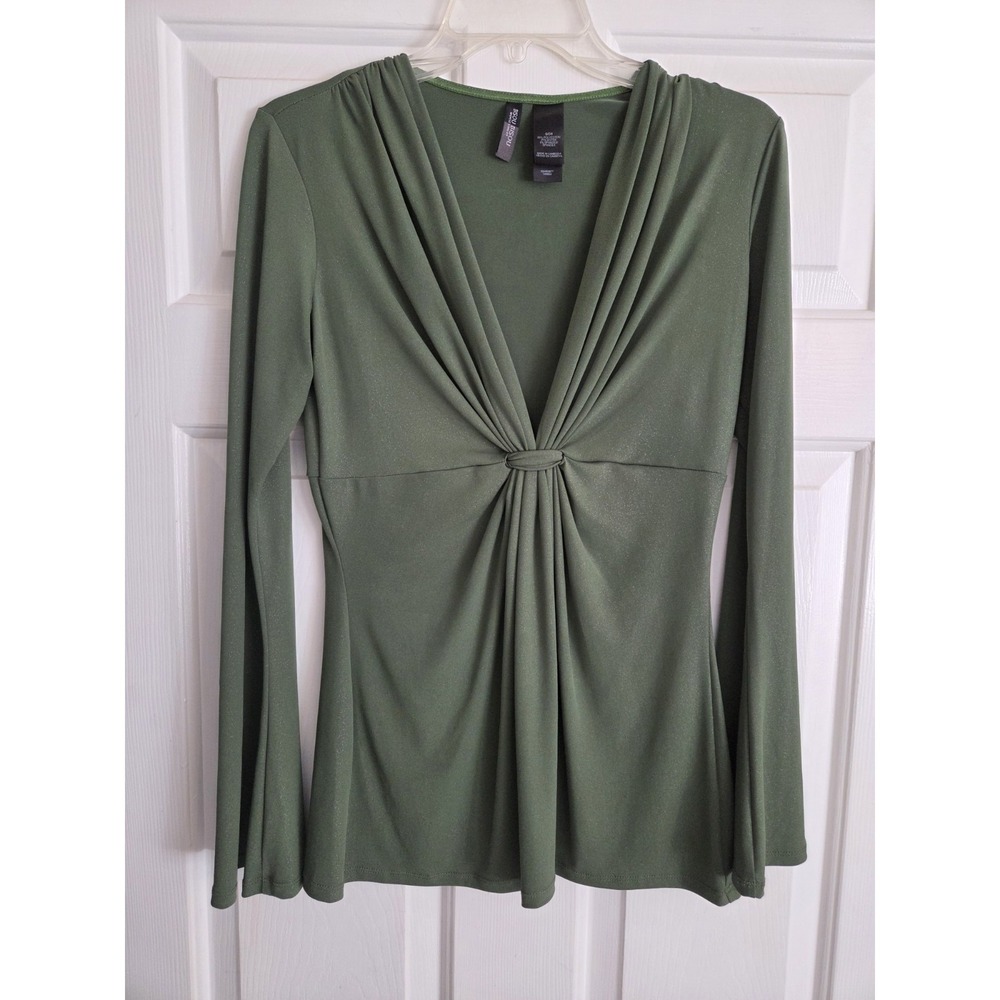 Bisou Bisou Womens Small Top Green V Cutout Neck With Flared Sleeves